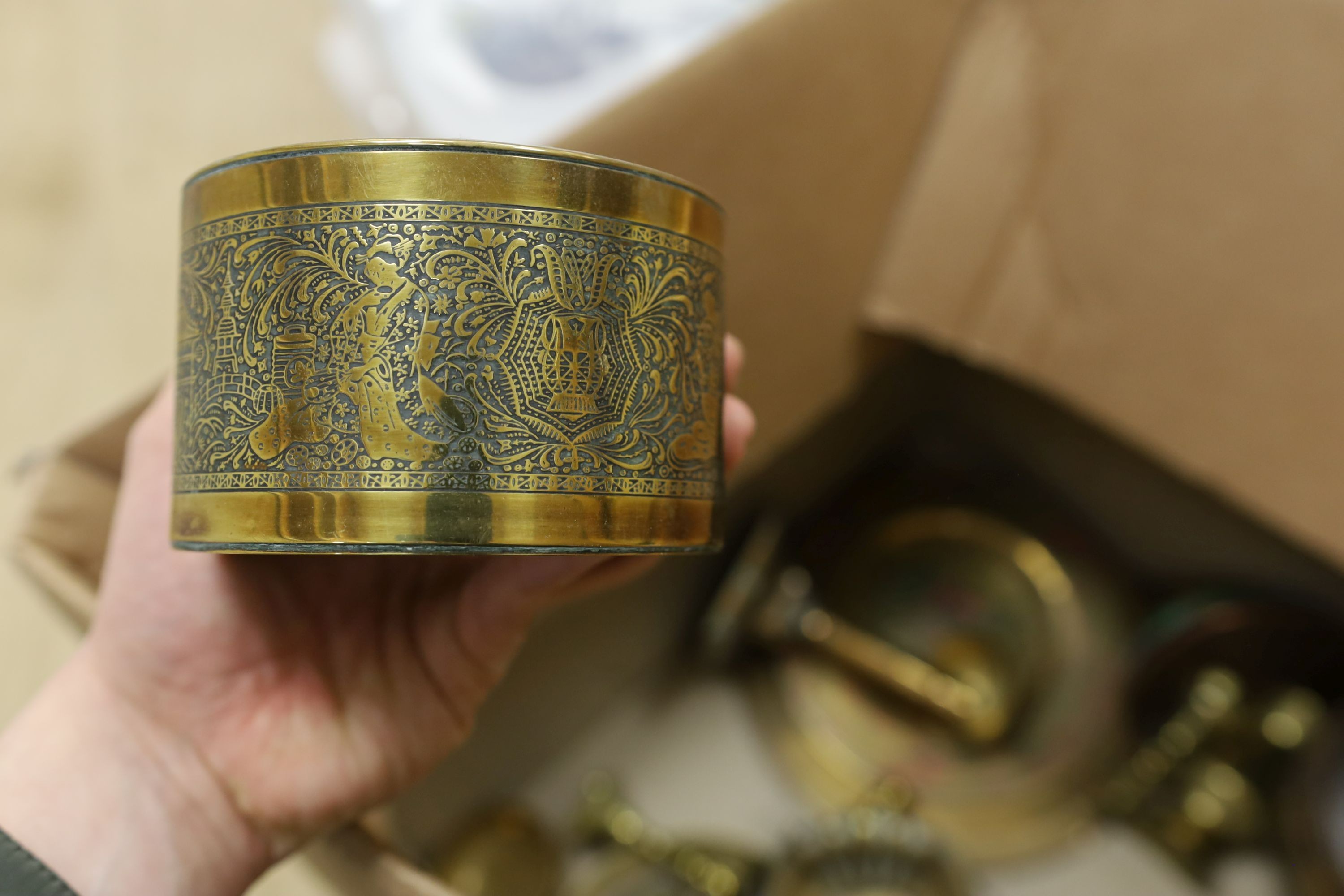 A group of assorted metalware including Indian and Persian trays